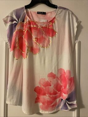 Women's White Top with Pink and Purple Floral Print, Gold Accent